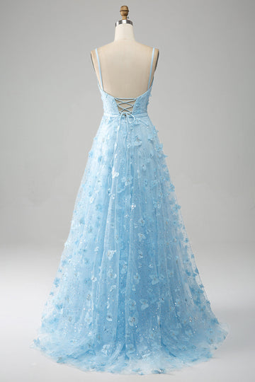 Azzurro cielo A Line Spaghetti Straps Sparkly Beaded Prom Dress con farfalle 3D